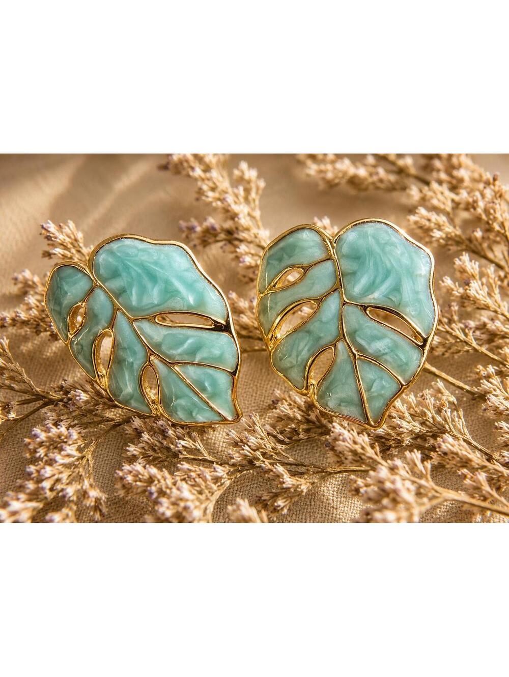 Tropical Plant Leaf Stud Earrings, Botanical Enamel Studs